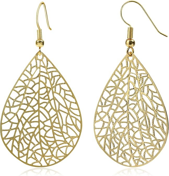 14K Gold Plated Silver Rose Gold Teardrop Filigree Dangle Earrings Lightweight Leaf Drop Earrings for Christmas Gift