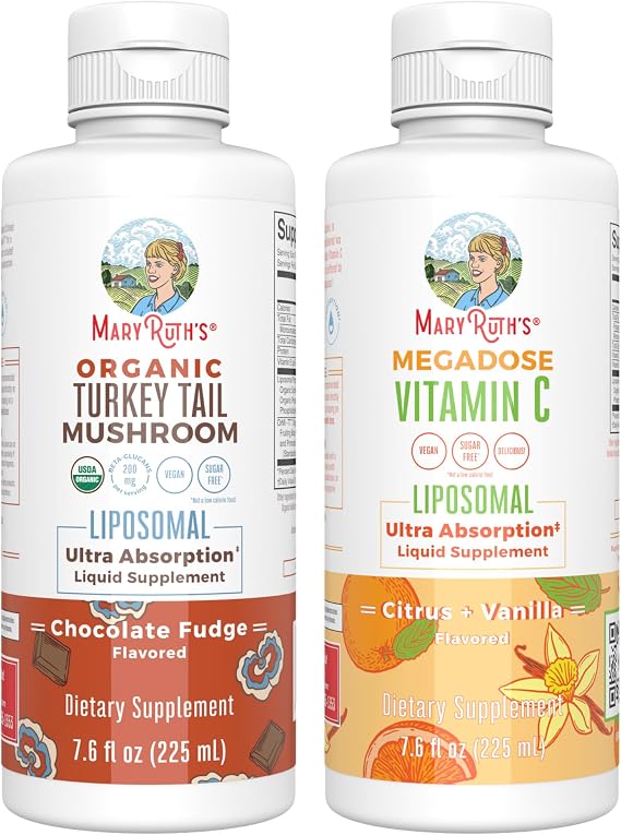 MARYRUTH'S Turkey Tail Mushroom Liposomal (Chocolate Fudge) & Vitamin C Liposomal (Citrus & Vanilla) | Clean Label Project Verified | Vitamins for Immunity, Beauty, Overall Health | Vegan, Non-GMO