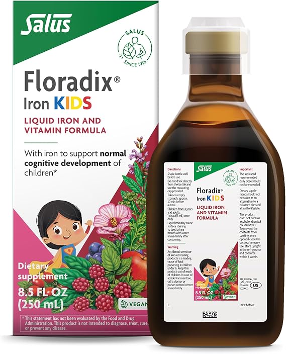 Floradix Iron Kids - Liquid Iron & Vitamin Formula - Children's Supplement with C & B Vitamins - Vegan - Raspberry-Vanilla Flavor - 8.5 fl oz