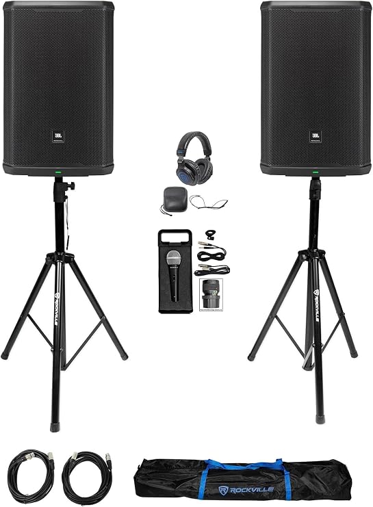 Audiosavings Bundle: (2) JBL PRX915 Professional 15" Speaker Bundle with Pair of Rockville Adjustable Speaker/Light Stands, Rockville DJ1500 DJ Headphones + Rockville RMC-XLR DJ Microphone (5 Items)