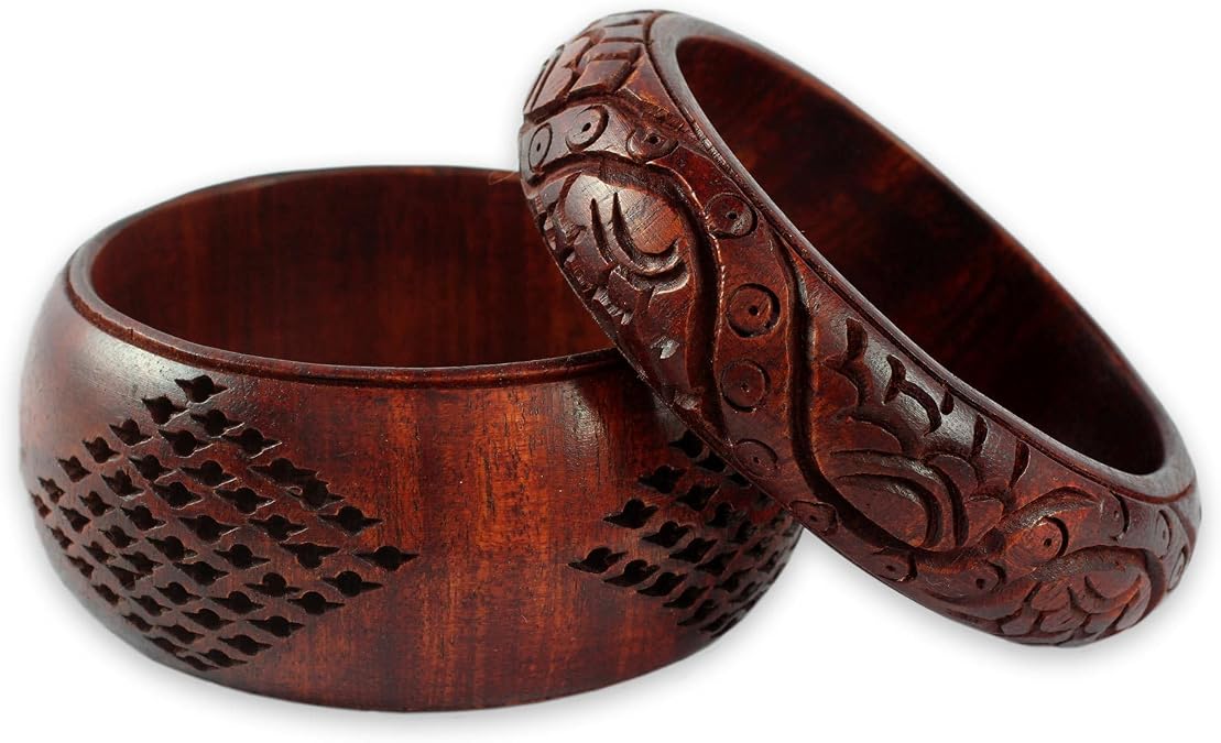 NOVICA Artisan Handmade Wood Bangle Bracelets Artisan Crafted Floral Mango India Aurora Red 'India Romance' (pair)