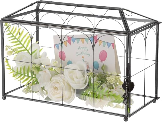 Glass Wedding Card Box with Black Metal Frame, Envelope Card Reception Box with Heart Lock, Transparent Glass, 12.6 x 5.9 x 9 in