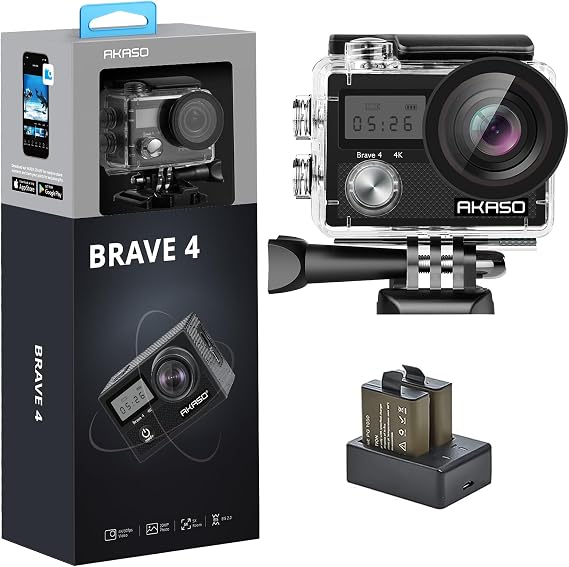 AKASO Brave 4-4K Wearable Camera, 20 Million Pixels, EIS Image Stabilization, 5x Zoom, Built-in WiFi, External Microphone, Underwater Camera, 98.4 ft 30 m Waterproof, Remote Control, Wide Angle Lens