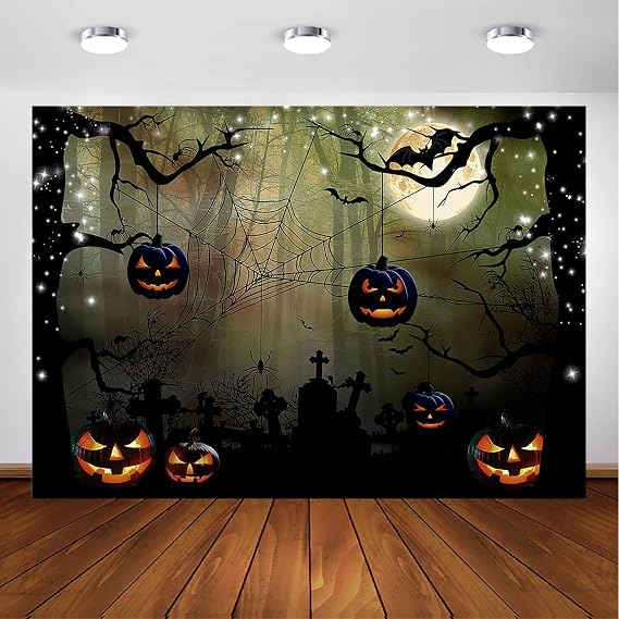 Avezano Creepy Nightmare Forest Halloween Backdrop Pumpkins Bats Full Moon Spooky Party Background Magic Witch Ghost Theme Party Decorations Portrait Photoshoot Photo Booth Studio (Green, 7x5ft)