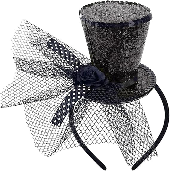 Black Top Hat Headband with Veil, Mini Top Hat fascinator Circus Costume for Women Halloween Christmas Headwear Carnival, Theme Party, Prom (Black)