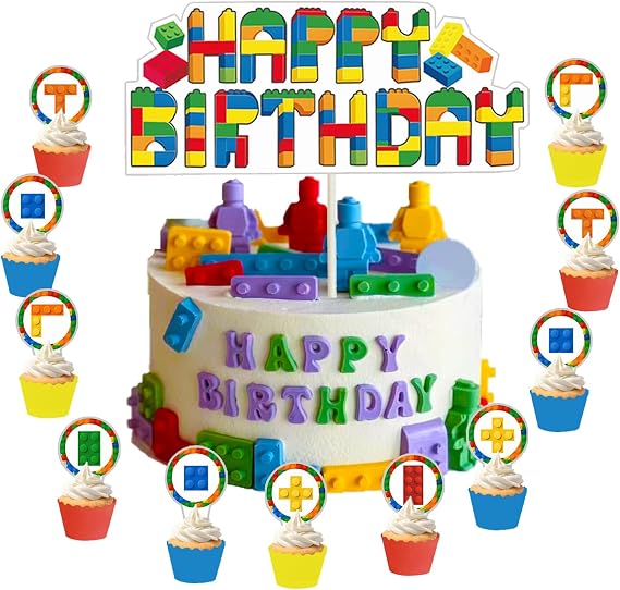 37PCS Building Blocks Cake Decorations Building Block Cake Toppers and Cupcake Toppers Building Blocks Birthday Party Supplies 1 Happy Birthday 1 Cake Toppper and 36 Cupcake Toppers
