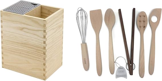 Natural Ashwood Mistery Box Knife Block and Tools Rack with 6 Utensils