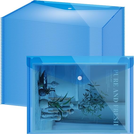 Zhehao 100 Pcs Clear Plastic Envelopes File Folders for Document A4 Size Poly Envelopes with Snap Closure for Teacher School Office Home Work(Blue,Simple Style)