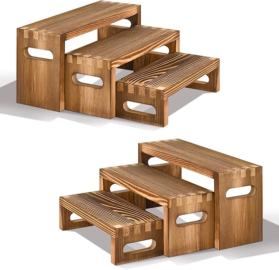 6 Pcs Wood Risers Display Stands, 2 Set Wooden Risers for Table Display, 3 Tier Rectangular Riser Display Stand Wooden for Cupcake, Desserts, Perfume, Collections, Jewelry Showcase