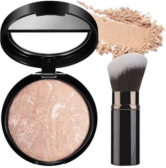 Colour Correcting Powder Foundation with Brush - Baked Foundation for Mature Skin - Brighten Color Foundation Powder Full Coverage - Oil-Control Mineral Powder Foundation,Matte Natural Finish(Beige)