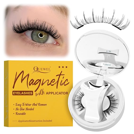 QUEWEL Magnetic-Eyelashes with Applicator, Portable Magnetic Eyelashes Natural Look, Upgrade 2 Magnet False Eyelashes More Easy to Wear, Easy to Use and Remove (Magnetics NZH-C)