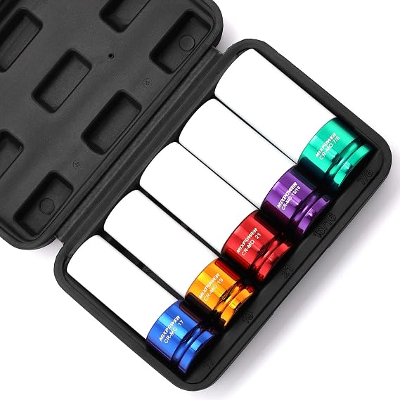 MIXPOWER 5 Pieces 1/2" Drive Wheel Protector Impact Socket Set, CR-MO, Metric/SAE, Thin Wall Deep Impact Socket Set, 6 Point, Color-Coded, 17mm, 19mm, 21mm, 13/16", 7/8"