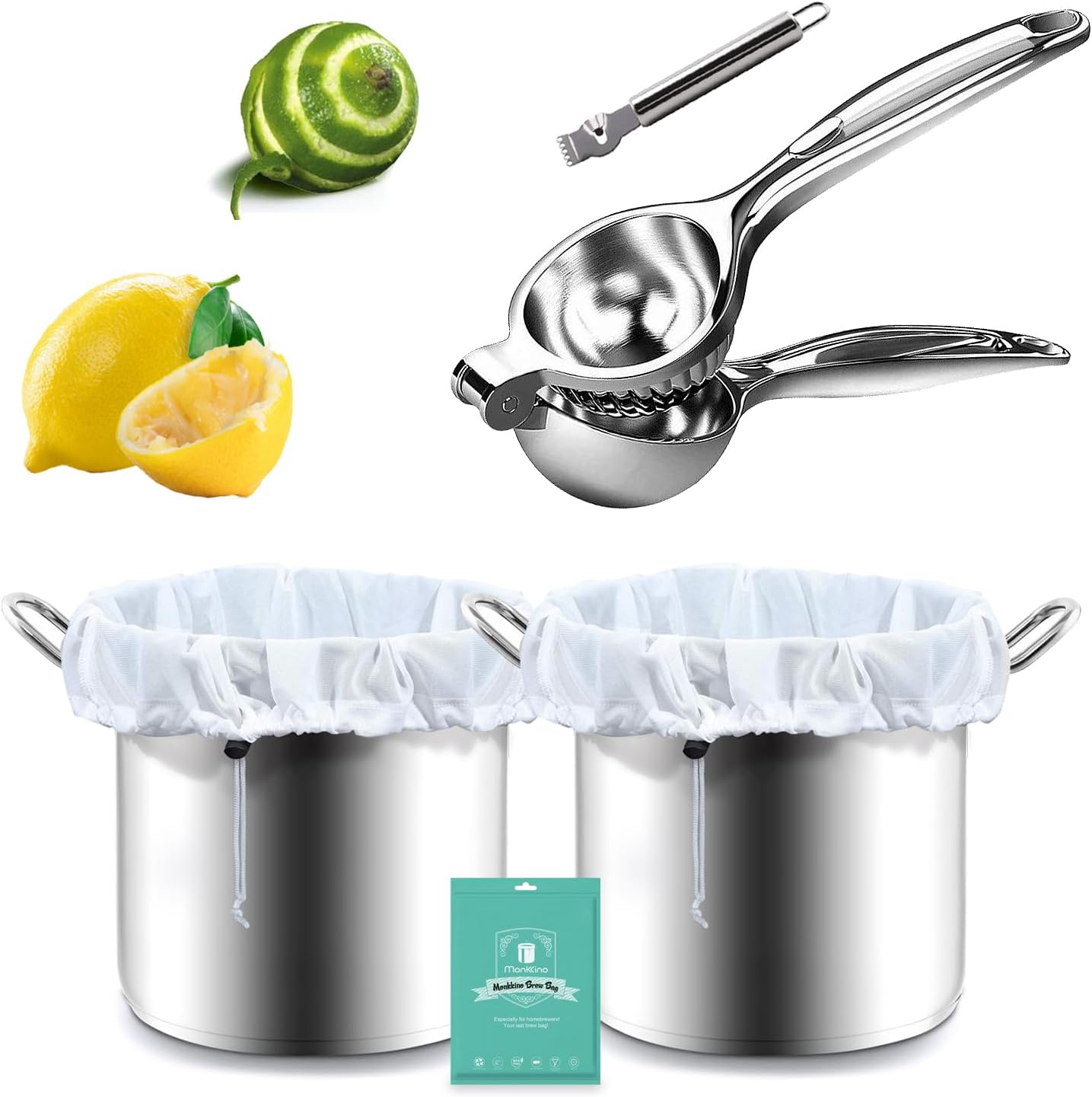 Lemon Squeezer with Zester  Brew Bags, 2pcs 16x18, Metal Handheld Lemon Juicer, Reusable Wine Straining Bag for Homebrewing