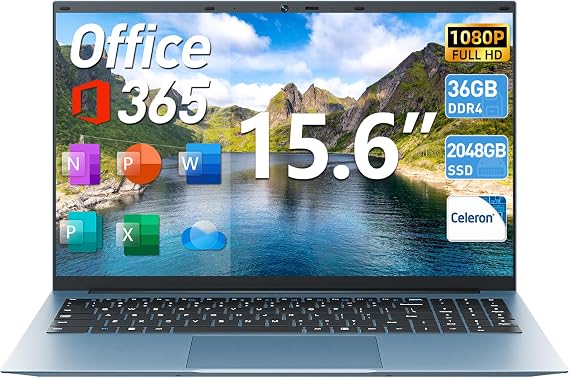 15.6 Inch Laptop Computer with Office 365, Windows 11 Laptop, 36GB RAM 128GB EMMC+2048GB SSD, Celeron N5095 Quad-Core, WiFi 6, 180 Viewing, USB 3.2, HDMI, Type-C, 7000mAh Battery