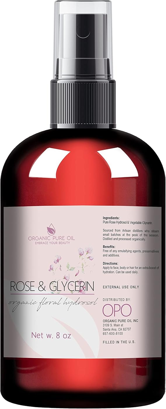 Rosewater Glycerin Mist Toner Bulk Spray Facial Body Floral Cleanser Pure Rose Hydrosol and Vegetable Glycerine Moisturizing Cleansing Toning Mix for Face Skin Hair Body (8 Ounces)