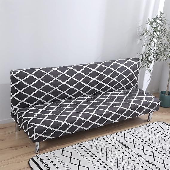 LiveGo Armless Futon Slipcovers Stretch Folding Sofa Bed Cover with Elastic Bottom, Printed Fitted Couch Cover Furniture Protector for Pets, Kids (Black)