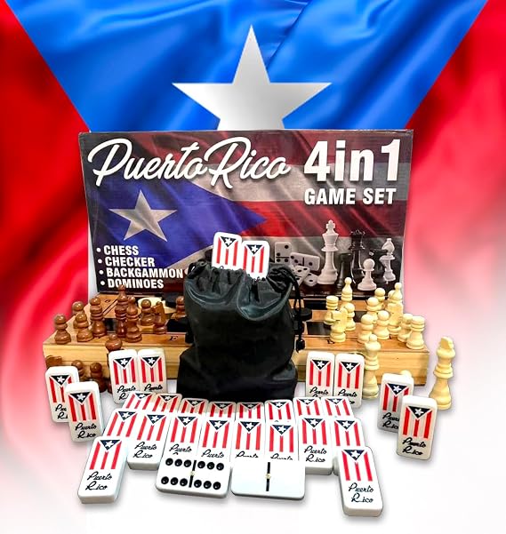 PRK 14 Puerto Rico 4-in-1 Set - Puerto Rican Dominoes, Chess, Checkers, and Backgammon for Friends & Makes a