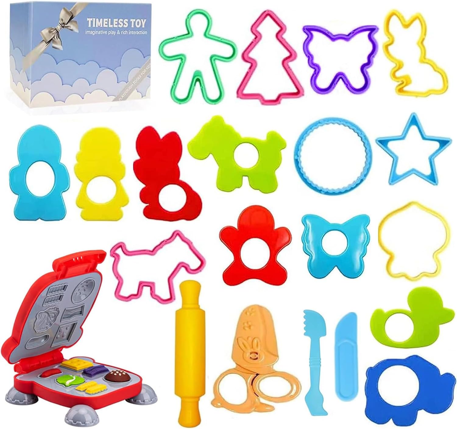 Dough Tools Play for Kids- Dough Accessories Molds Stamps Hamburgers Scissor Rolling Pin and Storage Box, Party Favors Set for Age 3