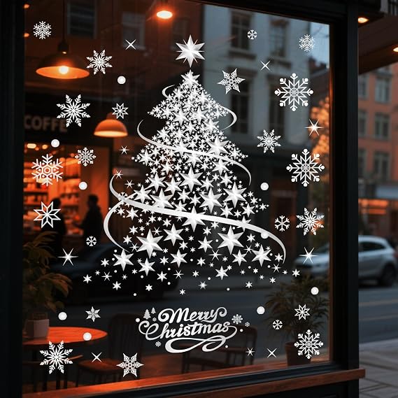 Christmas Decorations Window Clings Silver Xmas Tree Snowflake Double Side Decals Ornament Display Window Wall Door Decor Reusable DIY Static Stickers