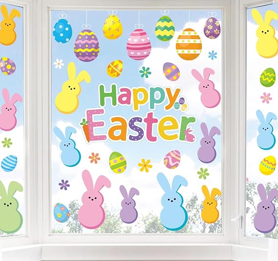 Whaline Easter Window Clings Happy Easter Bunny Rabbit Egg Double-Side Window Decals for Home Office School Shop Display Party Decorations, 107 Pcs, 9 Sheet