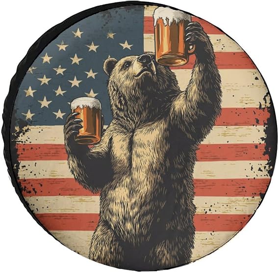 Happy Camper Bear with American Flag Camper Spare Tire Cover American Flag Stars Wheel Protectors Tyre Covers Weatherproof Wheel Covers for Camper Travel Trailer SUV Truck 15inch