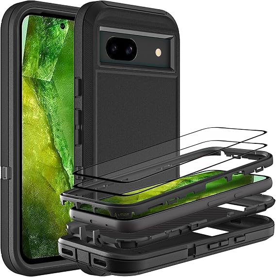 for Google Pixel 8a Case, with 2 Pcs Tempered Glass Screen Protector, 3 in 1 Full Body Shockproof Heavy Duty Protection Case for Pixel 8a (Black/Black)