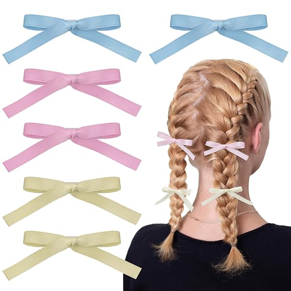 Bow Hair Clips for Women Girls, 6 Pcs Mini Bowknot Hair Barrettes for Kids, Small Ribbon Satin Hair Accessories, Alligator Clips(Milkwhite,Pink,Blue)
