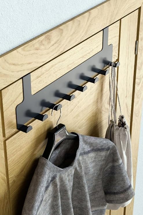 Orret Home Metal Matte Black Behind Door Hanger – 8 American Type Organizer Hanger with Hooks, Practical Hanger for Bathroom and Room Doors, Piercing Mounted Behind Door Hanger (Black)