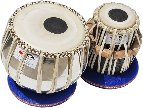 Tabla Drums Set, Deluxe Steel Bayan 2 KG., Chrome Finish, Sheesham Wood Dayan, Hand Made Drum Skin, Leather Straps to Tune, Tuning Hammer, Pegs, Gig Bag, Cushion & Cover, Best For Student & Beginner