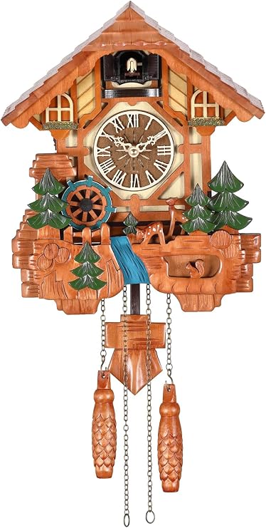 Kintrot Cuckoo Clock for Wall, Handcrafted Wooden Tratditonal Black Forest Chalet Clock with Cute Singing Bird, Rotatable Waterwheel,Squirrel,Deers and 12 Melodies