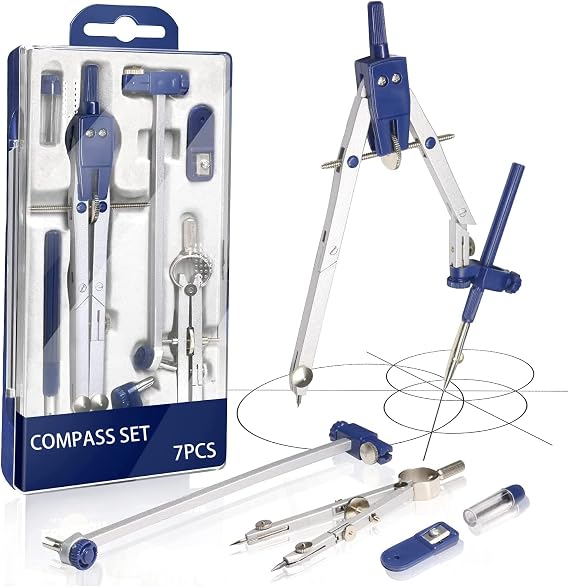 Geometry Set 7 Pcs Professional Compass Set Math Compass Drawing Tool Math Drafting Dividers Tool Set Math Compass with Spring Bow Head for School, Engineer, Architecture and Woodworking