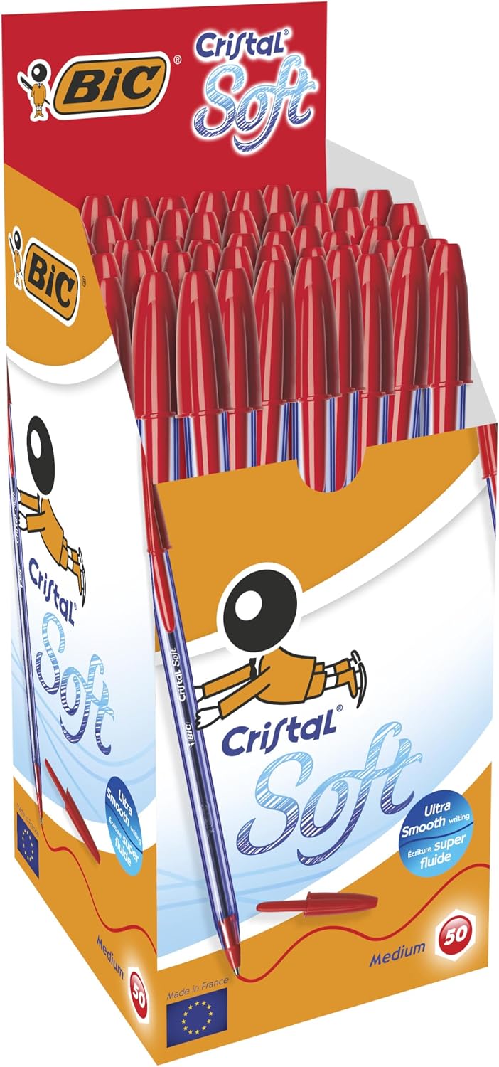 BIC Cristal Soft Tükenmez Kalem, Kırmızı, 50li Kutu, 1.2 mm Orta Kalınlıkta Uç, Şeffaf Gövde, Delikli Kapak