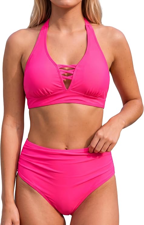Buauty High Waisted Bikini Sets for Women Cross V Neck Two Piece Swimsuit Strappy Cutout Halter Tummy Control Bottom