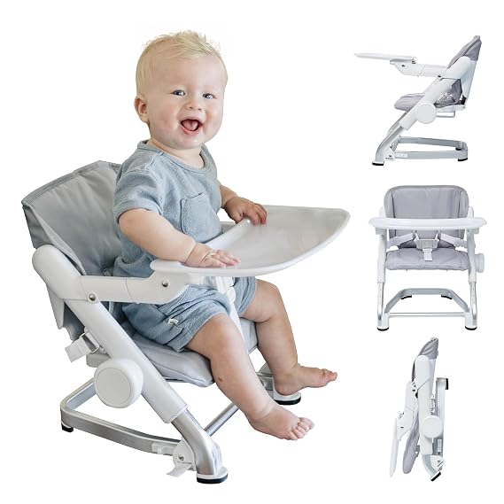 Unillove Feed Me Go 3-in-1 Travel High Chair Booster Seat - Gray | Portable Booster Seat for Infants and Toddlers - Transitional, Compact & Fits Any Chair, Removable Tray