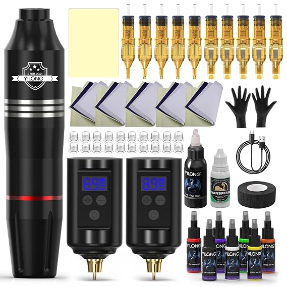 2PCS Batteries Wireless Tattoo Pen Machine Kit Complete for Beginners | 2PCS Rechargeable Power Supply, 10 Cartridge Needles for lining & Shading, Ink, Transfer Papers & Gel, Practice Skin