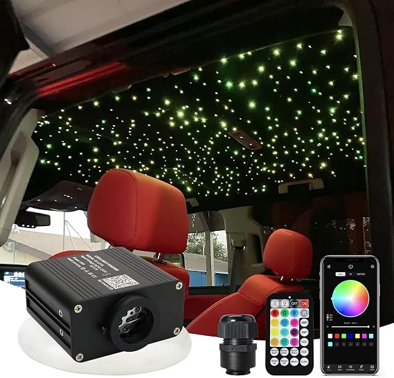 AMKI 16W Starlight Headliner Kit Twinkle+Sound Activated 550pcs 0.03in 9.8ft Cable End Glow Fiber Optic Light APP/Remote Control RGBW Starlight Box for Car Home Star Ceiling Decor
