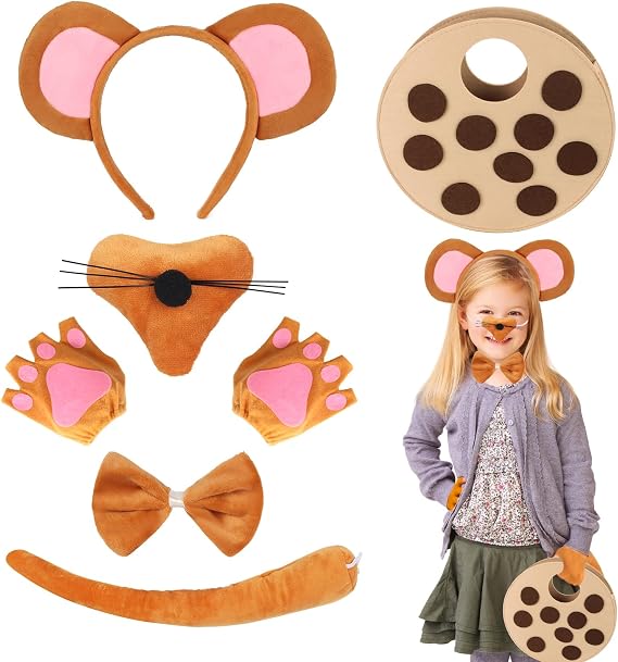 Kyson Brown Mouse Costume 6Pcs Mice Ears Tail Nose Bowtie Gloves Cookie Bag for Carnival Halloween Dress Up Book Day Party