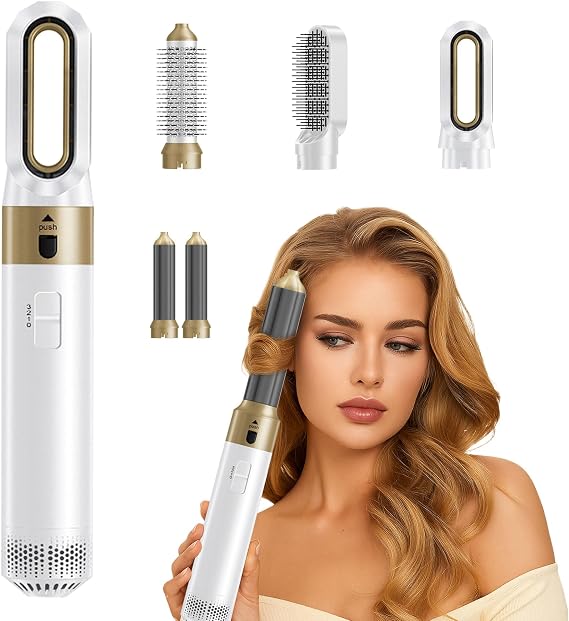 5 in 1 Hair Dryer Brush SetAir Styler for Hair,Blow Dryer Curling Iron&Airbrush Hair Styler 5 in 1 with Ionic Technology,Detachable Hot Air Brush for Drying,Curling, Straightening (White Gold)