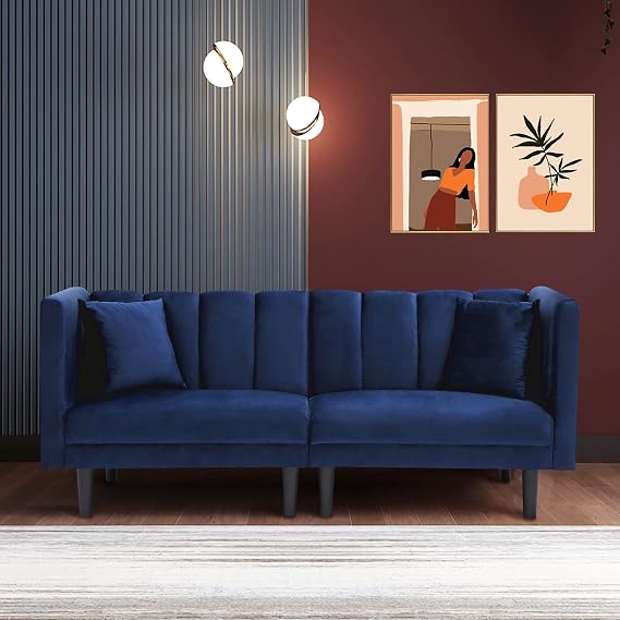 cjc Velvet Futon Sofa Bed, Adjustable Sleeper Bed,Sofa Couch Chaise Living Room Furniture Sofa Set with 2 Pillows (Blue)