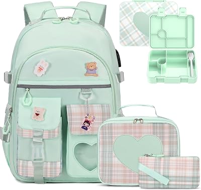Girls Backpack - Bento Box with Insulated Lunch Bag Pencil Case & Utensils Set for Kids, 6 Leakproof Compartments Removable Tray Lunches or Snack Container for School Green