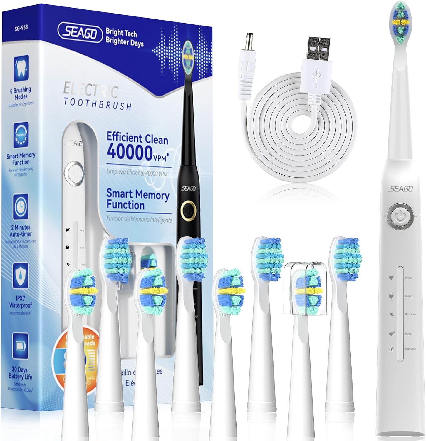 Seago Electric Toothbrush, Rechargeable Toothbrush for Adults Sensitive Teeth, 8 Brush Heads, 5 Modes with Teeth Whitening, Endurance 30 Days, Kids Electric Toothbrushes 6-12, SG-958(White)