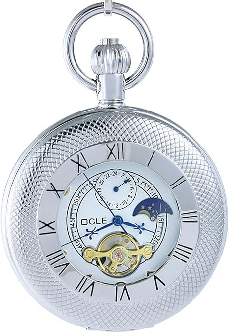 OGLE Waterproof Classics Roman Tourbillon Phases Moon Chain Fob Skeleton Automatic Mechanical Pocket Watch