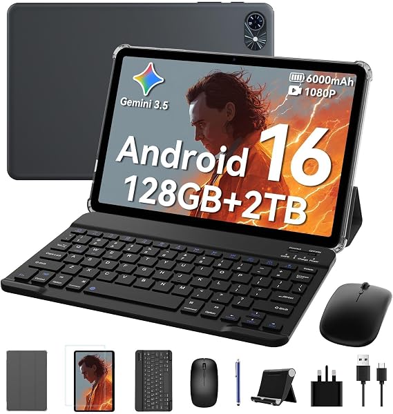 TABWEE 10 Inch Android 16 Tablet with Keyboard,18GB+128GB, 2TB Expand, Widevine L1 Compatible Octa-Core Tablets with 5G WiFi, 1080P Display, 6000mAh, AI Camera, for Gaming,