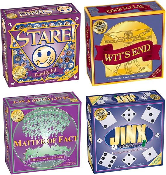 Stare + Wit's End + Matter of Fact + Jinx = Fun Board Games for Adults and Game Night Bundle