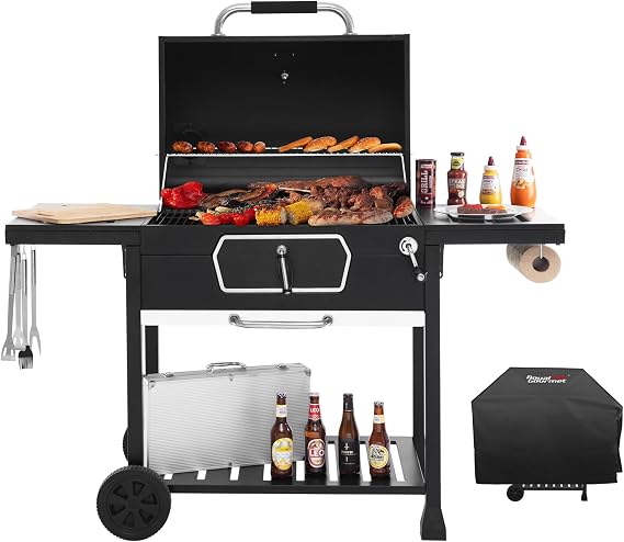 Royal Gourmet CD2030AC Deluxe 30-Inch Charcoal Grill with Cover | Large BBQ Grill with Collapsible Side Tables, 746 sq. in. BBQ Smoker for Outdoor Picnic Camping Patio Backyard Cooking, Black