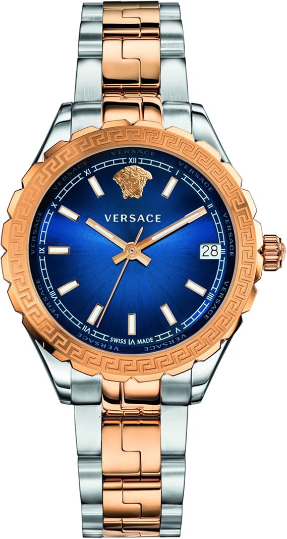 Versace Women's Analogue Swiss Quartz Watch with Two Tone Rose Gold Bracelet and Blue Dial Hellenyium V12060017