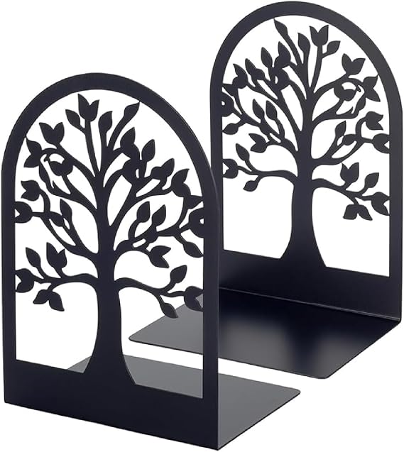Metal Book Ends, Heavy Duty Bookends, 1 Pairs Black Book End Holder for Shelves, Decorative Tree Unique Design Book Stand Stoppers Supports for Home Office Library Bookshelf Heavy Books
