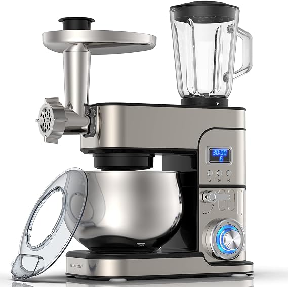 6-IN-1 Stand Mixer, LCD Display Kitchen Electric Mixer, 6.5QT Stainless Steel Bowl, Multi-Function Kitchen Blender With Dough Hook, Whisk, Beater, Meat Grinder, Splash Guard