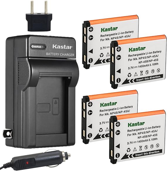 Kastar Battery 4-Pack and Charger for Fujifilm NP-45 NP-45A NP-45B NP-45S, Fujifilm FinePix L55 L90, FinePix T305 T310 T350 T360 T400, FinePix XP10 XP11 XP15 XP20 XP21, FinePix Z37 Z70 Z71 Z80 Z81 Z90