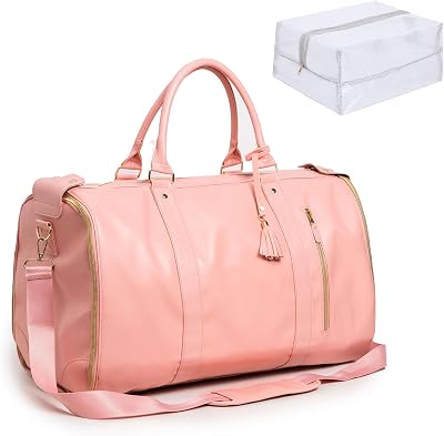 Travel Bag with Wheels, My Travel Bag for Women, Foldable PU Leather Carry On Garment Bag,Large Capacity with Shoe CompartmentBasic, Pink